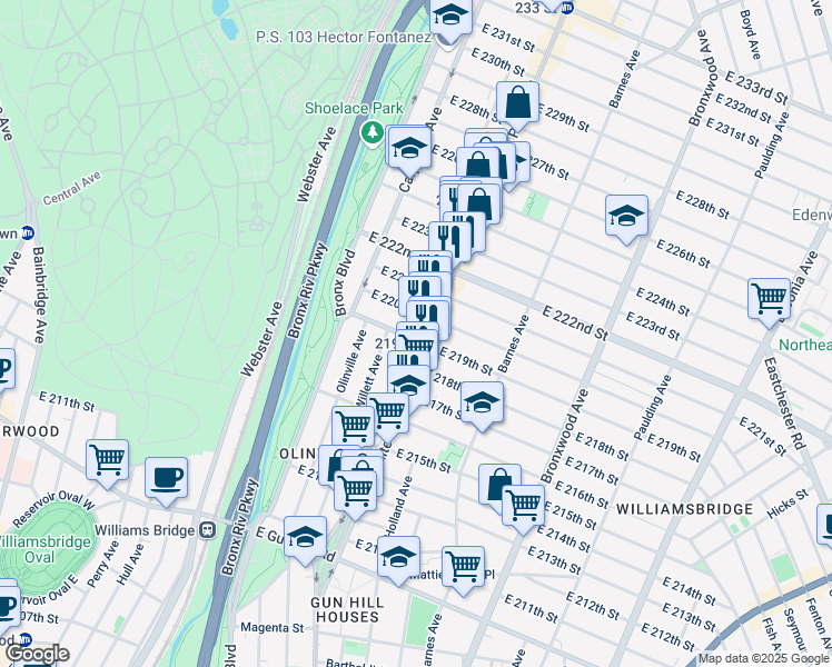 map of restaurants, bars, coffee shops, grocery stores, and more near 3813 White Plains Road in Bronx