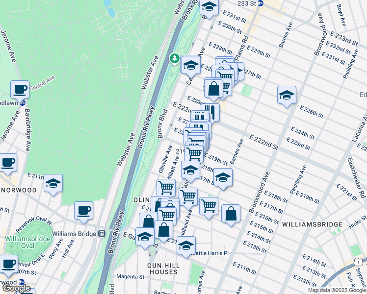 map of restaurants, bars, coffee shops, grocery stores, and more near 3779 Willett Avenue in Bronx
