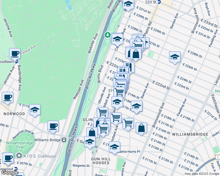 map of restaurants, bars, coffee shops, grocery stores, and more near 3779 Willett Avenue in Bronx