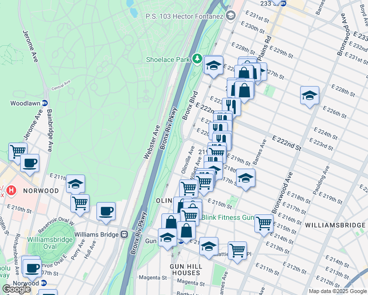 map of restaurants, bars, coffee shops, grocery stores, and more near 3764 Bronx Boulevard in The Bronx
