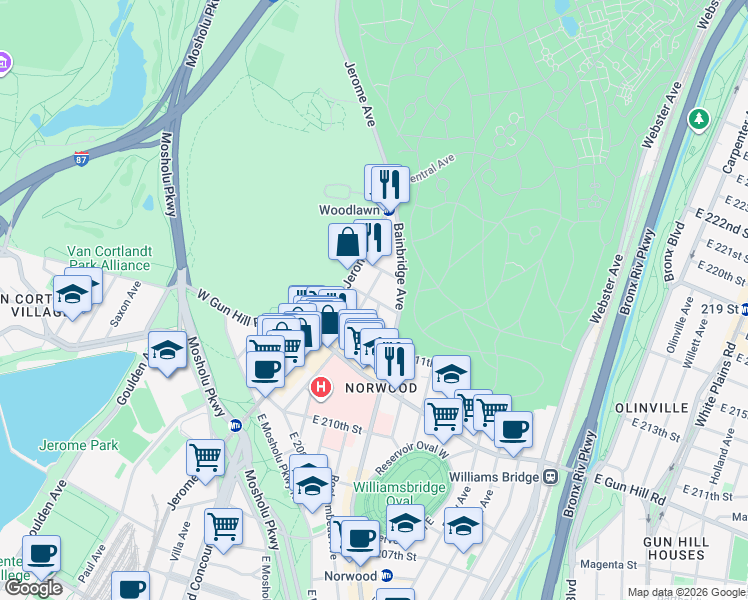 map of restaurants, bars, coffee shops, grocery stores, and more near 3563 Dekalb Avenue in The Bronx