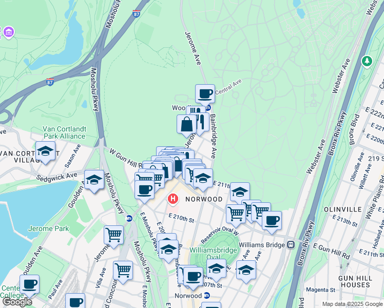 map of restaurants, bars, coffee shops, grocery stores, and more near 3563 Dekalb Avenue in The Bronx