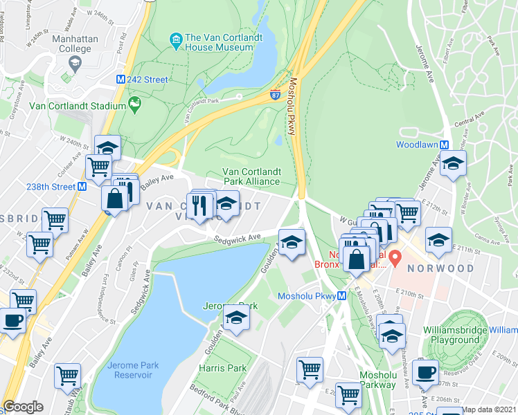 map of restaurants, bars, coffee shops, grocery stores, and more near 4010 Hillman Avenue in Bronx