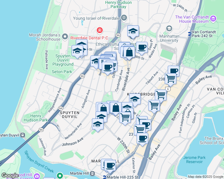 map of restaurants, bars, coffee shops, grocery stores, and more near 3206 Oxford Avenue in Bronx