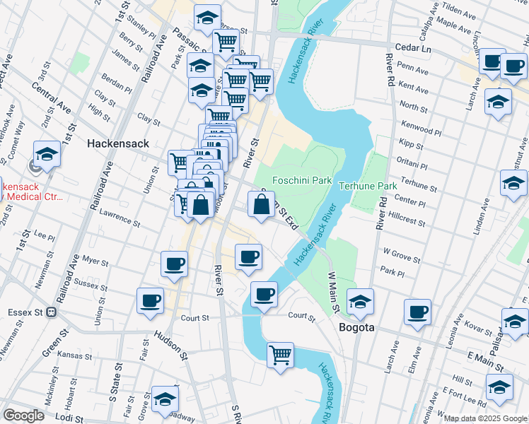 map of restaurants, bars, coffee shops, grocery stores, and more near 67-89 Salem St Exd in Hackensack