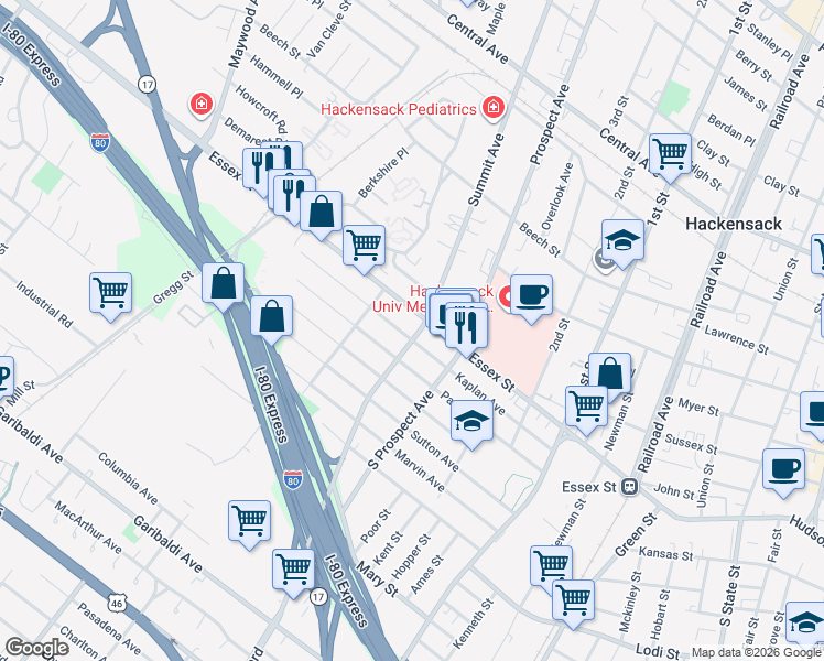 map of restaurants, bars, coffee shops, grocery stores, and more near 411 Kaplan Avenue in Hackensack