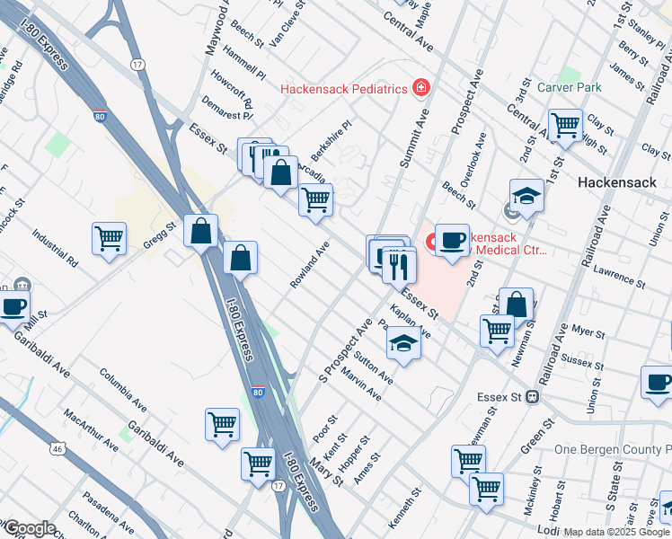 map of restaurants, bars, coffee shops, grocery stores, and more near 411 Kaplan Avenue in Hackensack
