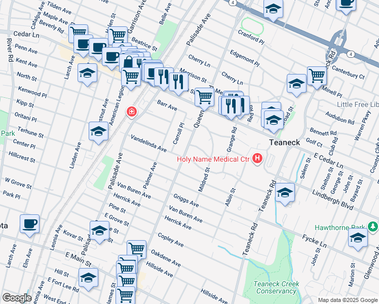 map of restaurants, bars, coffee shops, grocery stores, and more near 711 Queen Anne Road in Teaneck