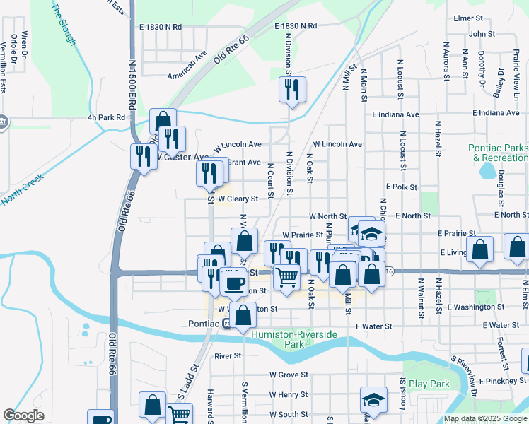 map of restaurants, bars, coffee shops, grocery stores, and more near 607 West North Street in Pontiac