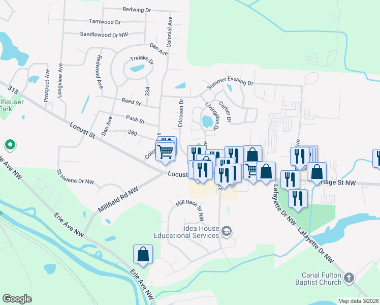 map of restaurants, bars, coffee shops, grocery stores, and more near 501 Ericsson Drive in Canal Fulton