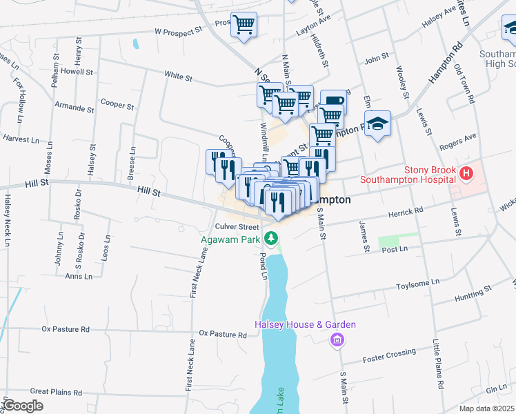 map of restaurants, bars, coffee shops, grocery stores, and more near 17 Windmill Lane in Southampton