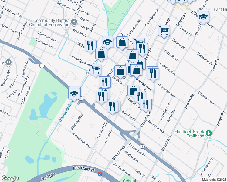 map of restaurants, bars, coffee shops, grocery stores, and more near 56 Brownstone Way in Englewood