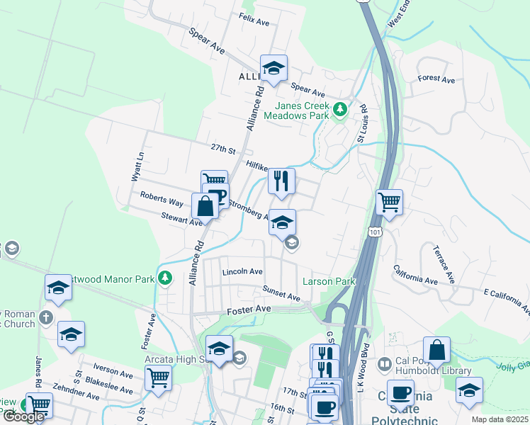 map of restaurants, bars, coffee shops, grocery stores, and more near 1444 Stromberg Avenue in Arcata