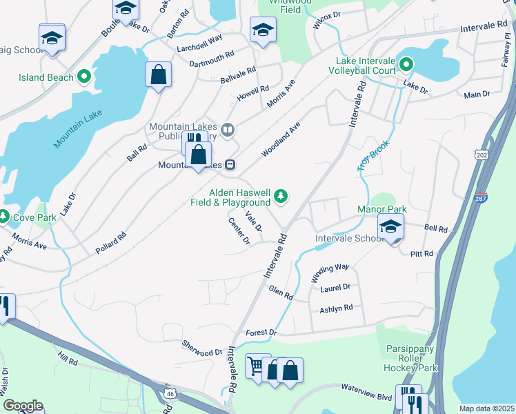 map of restaurants, bars, coffee shops, grocery stores, and more near 118 Midvale Road in Mountain Lakes