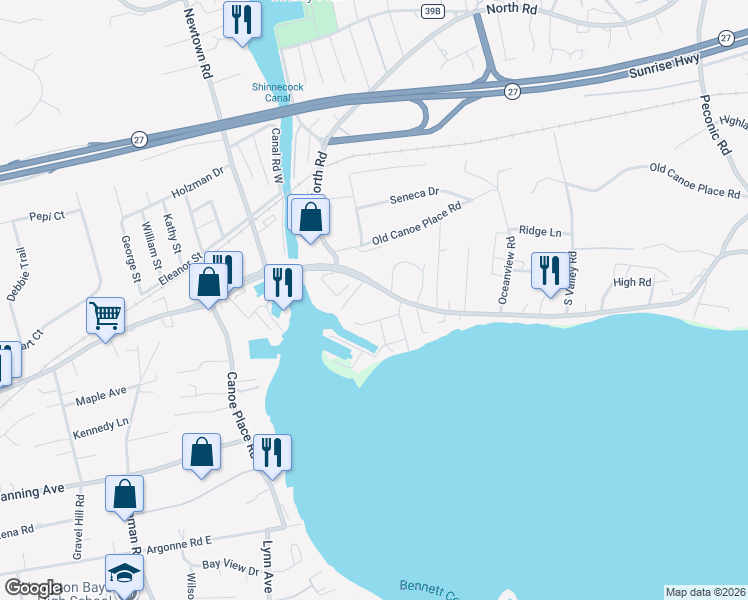 map of restaurants, bars, coffee shops, grocery stores, and more near 288 East Montauk Highway in Hampton Bays