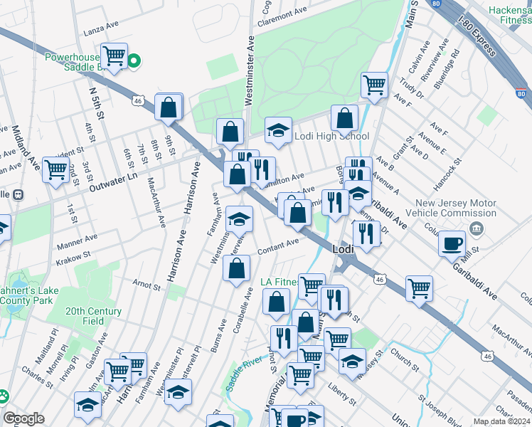 map of restaurants, bars, coffee shops, grocery stores, and more near 26 U.S. 46 in Lodi