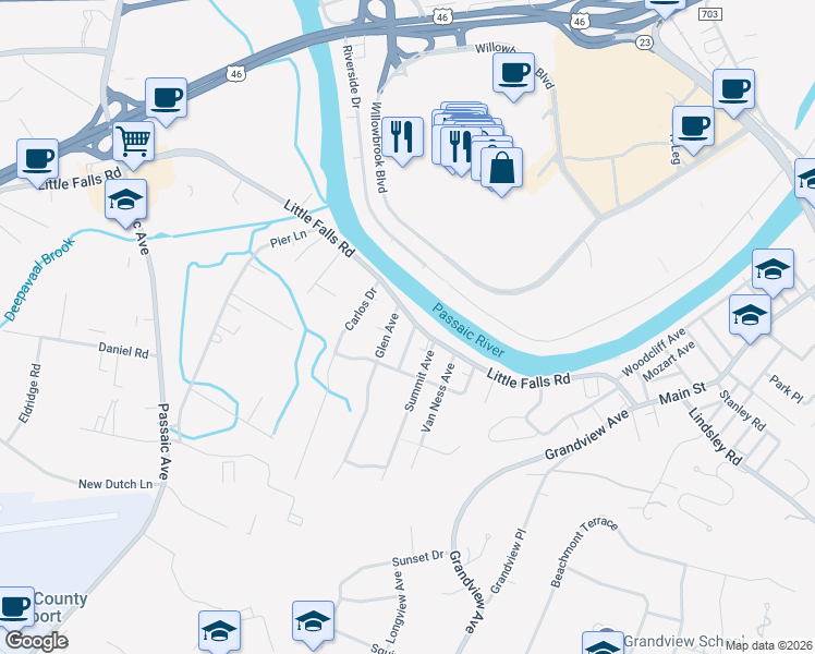 map of restaurants, bars, coffee shops, grocery stores, and more near 202 Little Falls Road in Fairfield