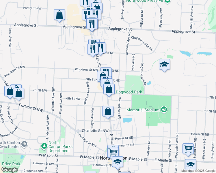 map of restaurants, bars, coffee shops, grocery stores, and more near 792 North Main Street in North Canton