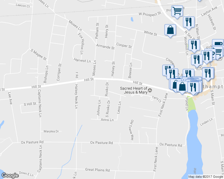 map of restaurants, bars, coffee shops, grocery stores, and more near 17 Adams Ln in Southampton