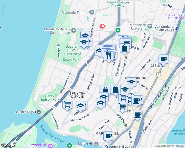 map of restaurants, bars, coffee shops, grocery stores, and more near 600 West 232nd Street in Bronx