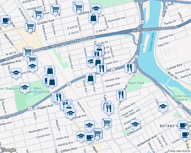 map of restaurants, bars, coffee shops, grocery stores, and more near 152 Trimble Avenue in Clifton