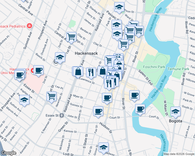 map of restaurants, bars, coffee shops, grocery stores, and more near 81 Trinity Place in Hackensack