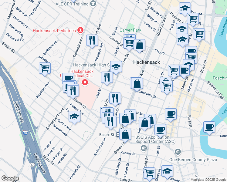 map of restaurants, bars, coffee shops, grocery stores, and more near 96 1st Street in Hackensack