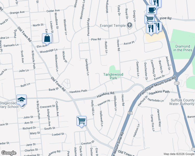 map of restaurants, bars, coffee shops, grocery stores, and more near 10 White Oak Court in Coram