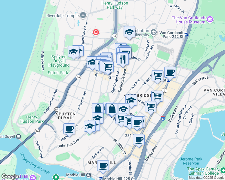 map of restaurants, bars, coffee shops, grocery stores, and more near 3251 Riverdale Avenue in Bronx