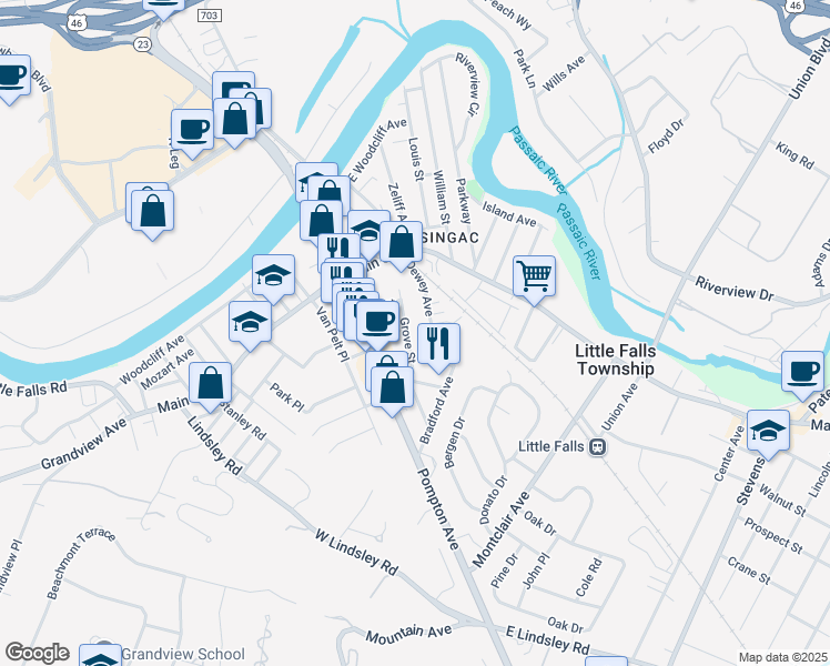 map of restaurants, bars, coffee shops, grocery stores, and more near 66 Grove St in Little Falls