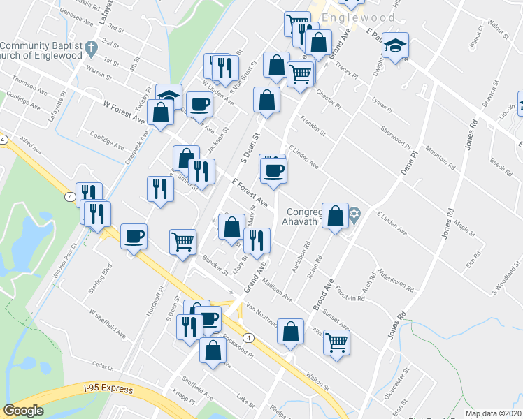map of restaurants, bars, coffee shops, grocery stores, and more near 68 East Forest Avenue in Englewood
