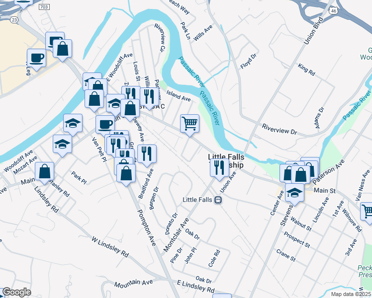 map of restaurants, bars, coffee shops, grocery stores, and more near 9 Woodside Avenue in Little Falls