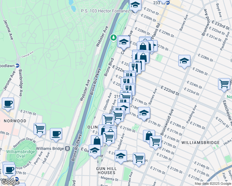 map of restaurants, bars, coffee shops, grocery stores, and more near 3779 Willett Avenue in Bronx