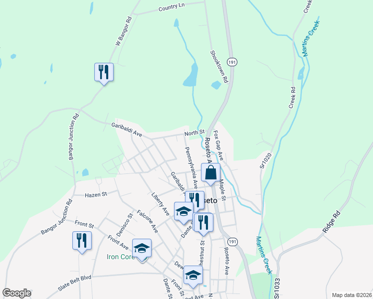 map of restaurants, bars, coffee shops, grocery stores, and more near 717 Pennsylvania Avenue in Roseto