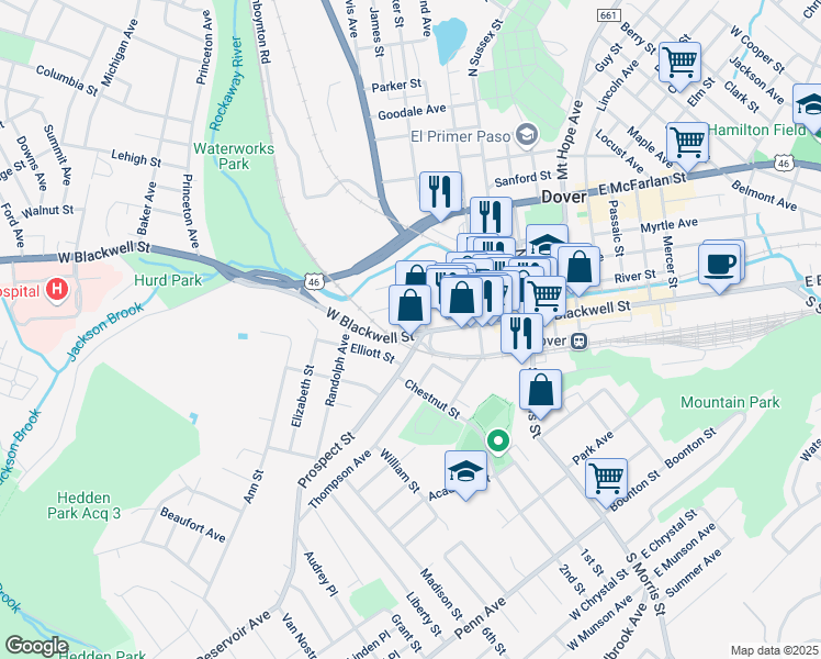 map of restaurants, bars, coffee shops, grocery stores, and more near 69 West Blackwell Street in Dover