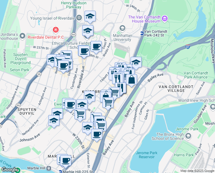 map of restaurants, bars, coffee shops, grocery stores, and more near 270 West 236th Street in Bronx