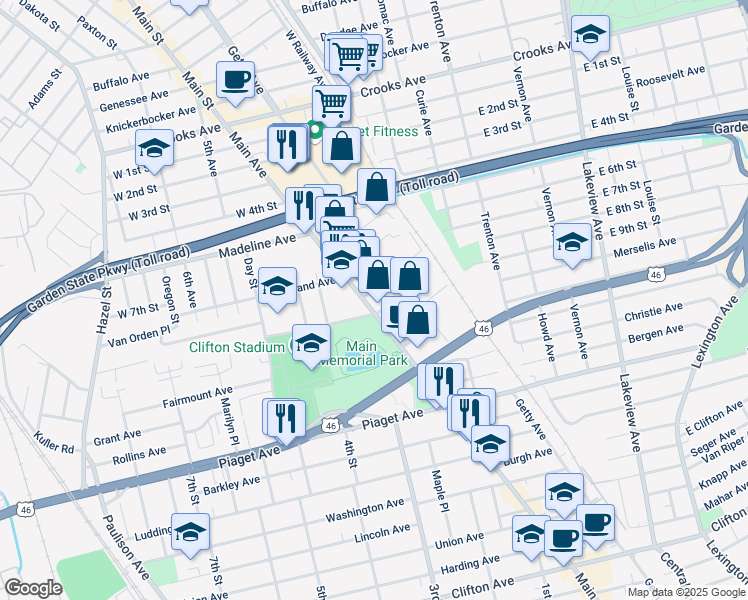 map of restaurants, bars, coffee shops, grocery stores, and more near 1434 Main Avenue in Clifton