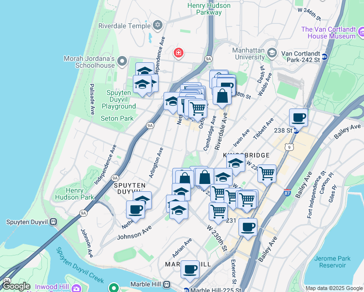 map of restaurants, bars, coffee shops, grocery stores, and more near 3211 Johnson Avenue in Bronx