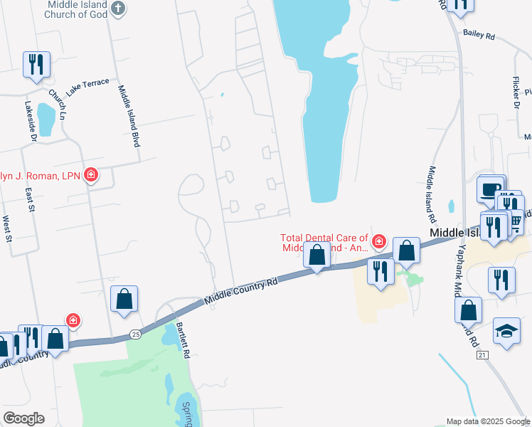 map of restaurants, bars, coffee shops, grocery stores, and more near 15 Eric Drive in Middle Island