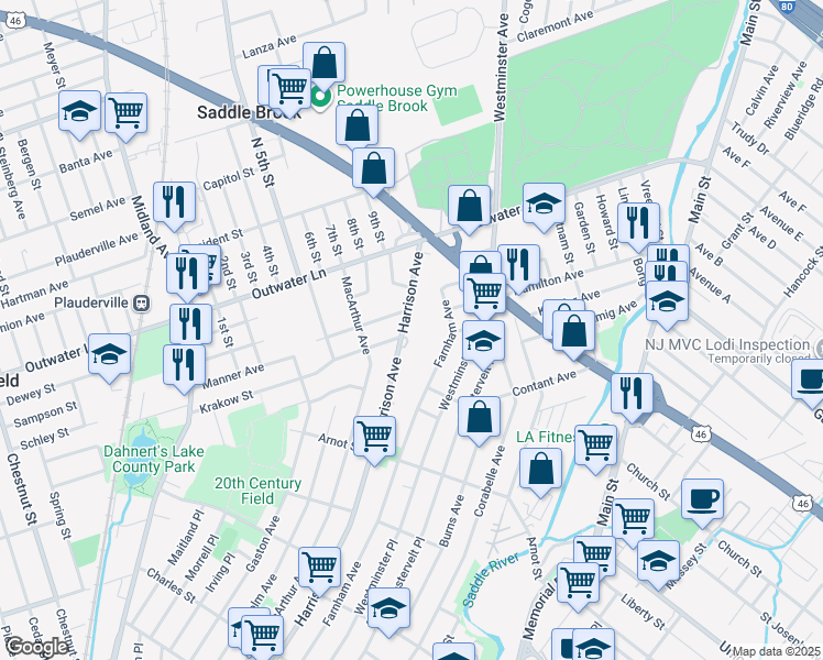 map of restaurants, bars, coffee shops, grocery stores, and more near 528 Harrison Avenue in Lodi