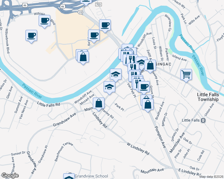 map of restaurants, bars, coffee shops, grocery stores, and more near 586 Main Street in Little Falls