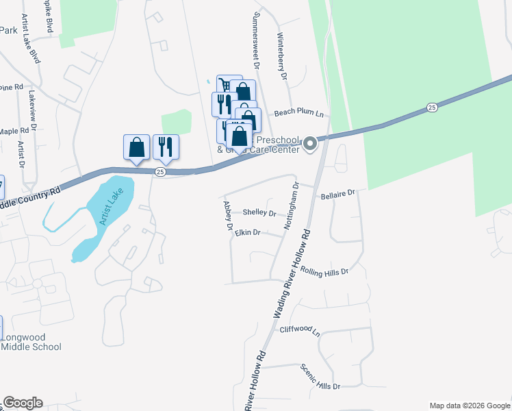 map of restaurants, bars, coffee shops, grocery stores, and more near 11 Shelley Drive in Middle Island