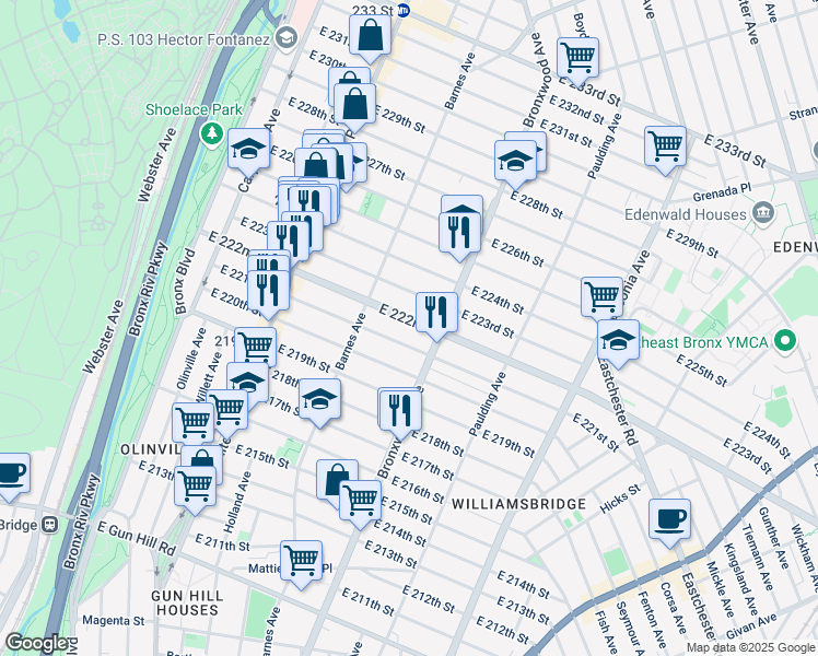 map of restaurants, bars, coffee shops, grocery stores, and more near 844 East 222nd Street in Bronx
