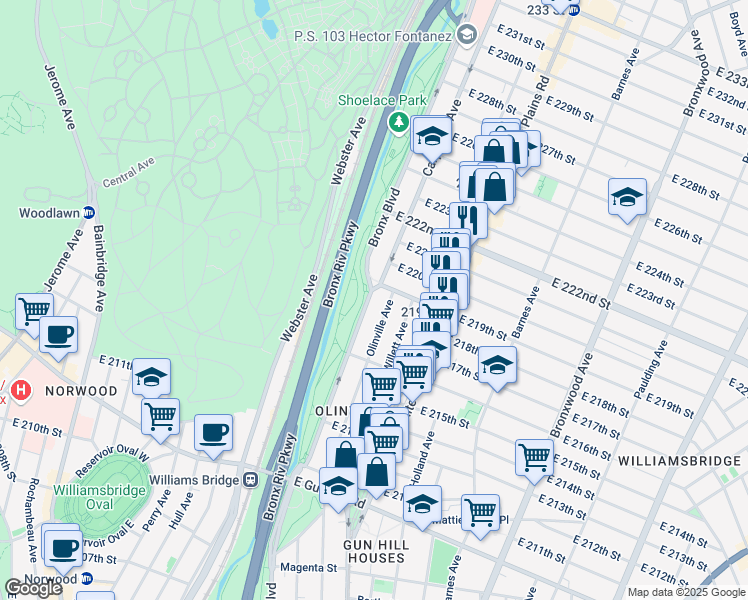 map of restaurants, bars, coffee shops, grocery stores, and more near 3764 Bronx Boulevard in The Bronx