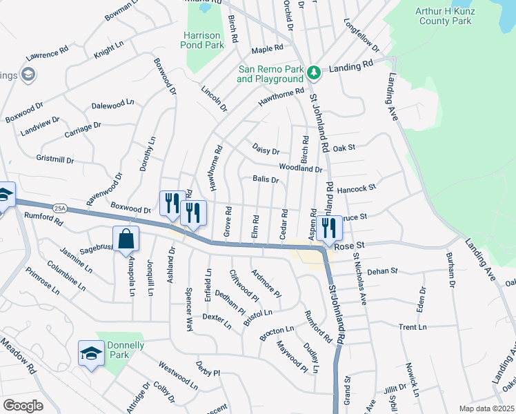 map of restaurants, bars, coffee shops, grocery stores, and more near 59 Elm Road in Kings Park