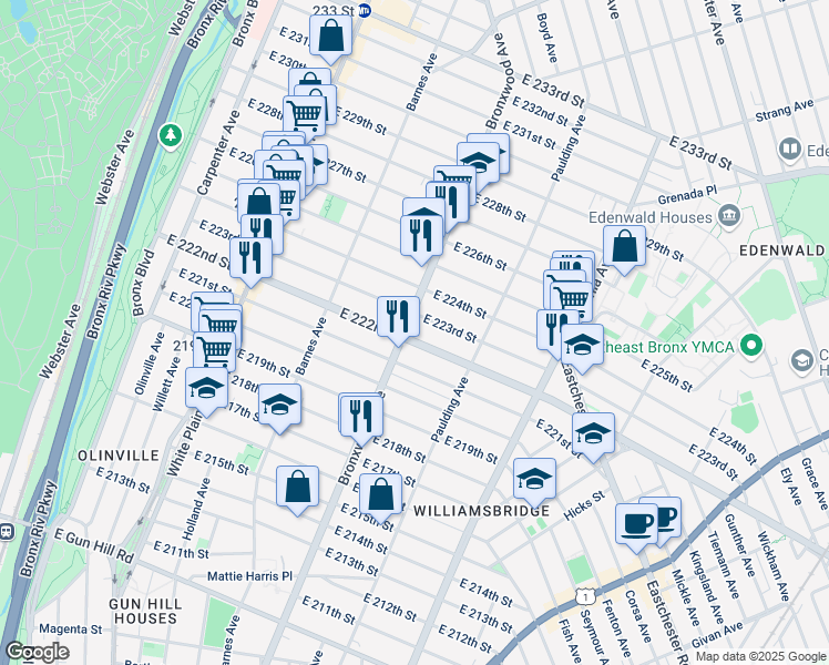 map of restaurants, bars, coffee shops, grocery stores, and more near 905 East 222nd Street in Bronx