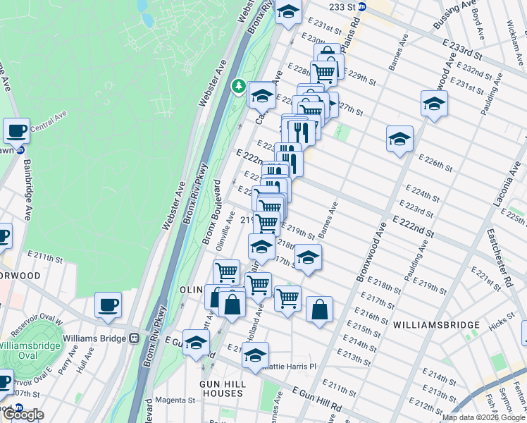 map of restaurants, bars, coffee shops, grocery stores, and more near 3813 White Plains Road in Bronx