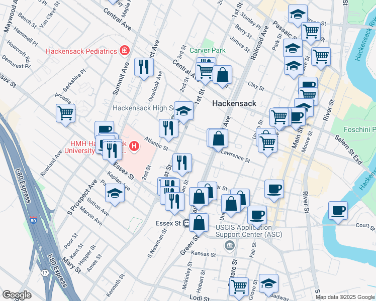 map of restaurants, bars, coffee shops, grocery stores, and more near 96 1st Street in Hackensack