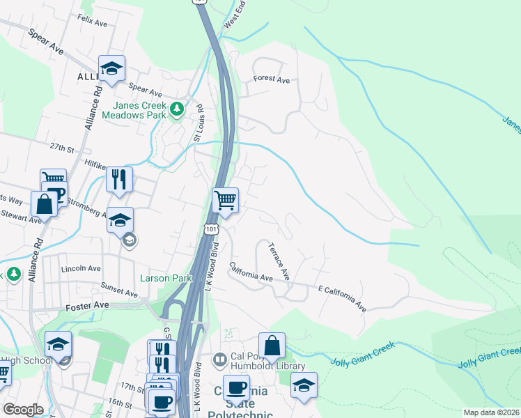 map of restaurants, bars, coffee shops, grocery stores, and more near 740 Hidden Creek Road in Arcata