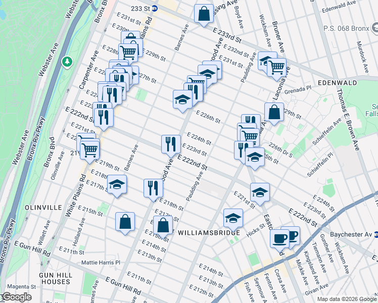 map of restaurants, bars, coffee shops, grocery stores, and more near 940 East 223rd Street in Bronx